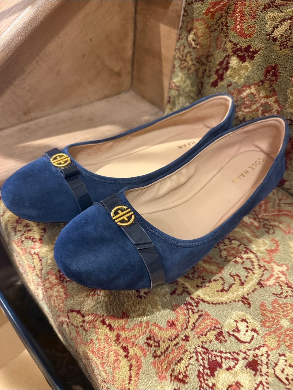 Cole Haan Navy Suede Ballet Flats with Gold Accent